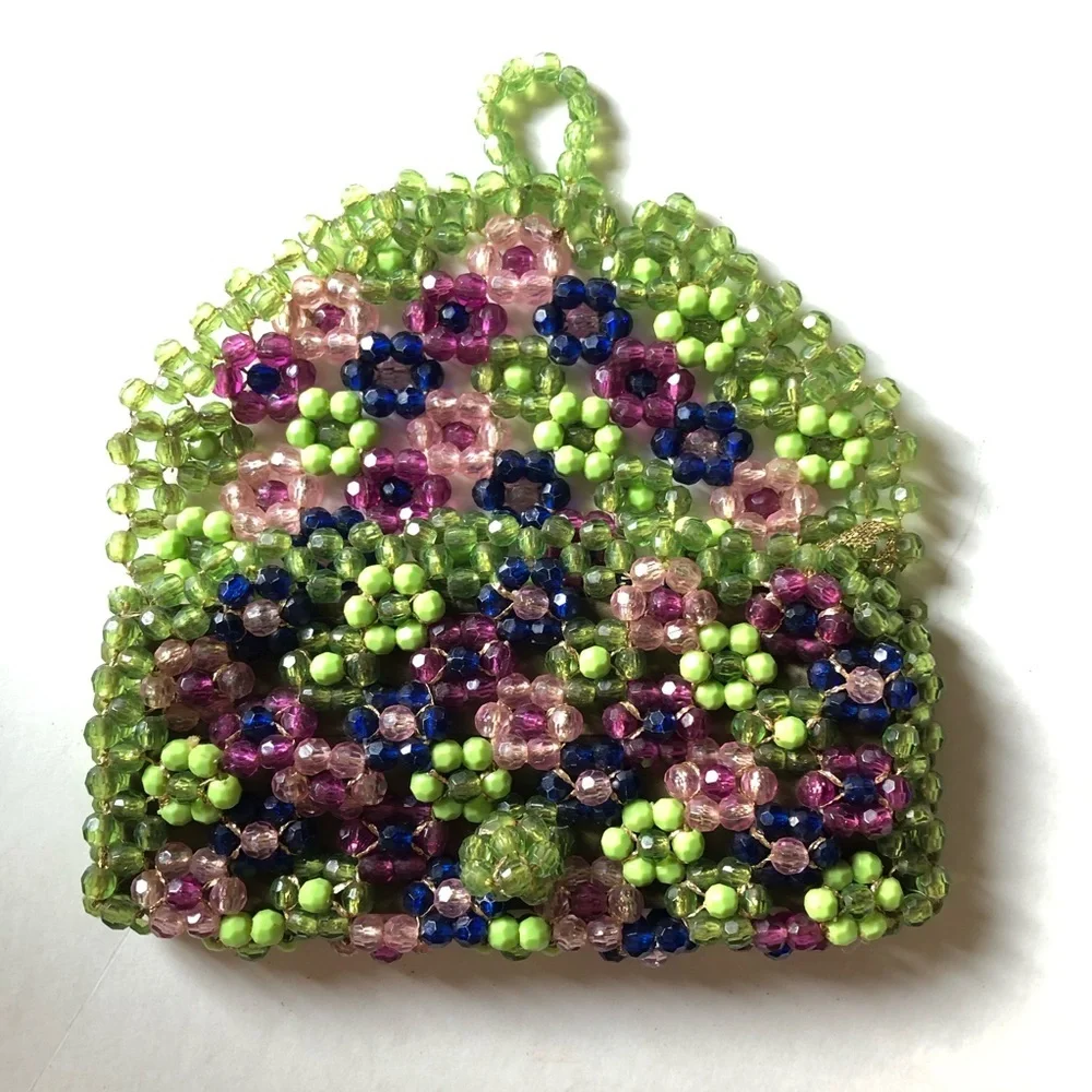Rare handbeaded Vintage 1970s Saks Fifth ave Italy bead green purple clutch 7”